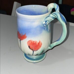 Handmade pedestal pottery mug - muted blue w/red poppies-NWOT